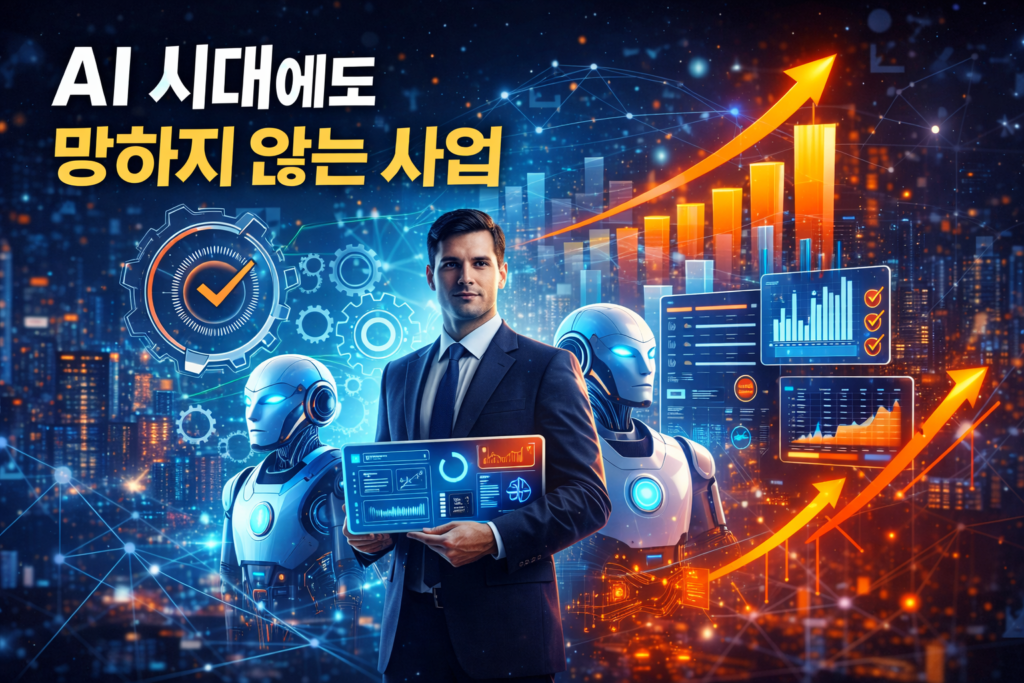 AI 시대에도 흔들리지 않는 사업 경쟁력을 보여주는 이미지로, 비즈니스 전문가가 디지털 대시보드를 들고 있고 주변에는 AI 로봇, 데이터 분석 그래프, 상승 화살표가 나타나며 미래형 도시 배경에서 사업 품질 관리와 성장 전략을 상징하는 장면