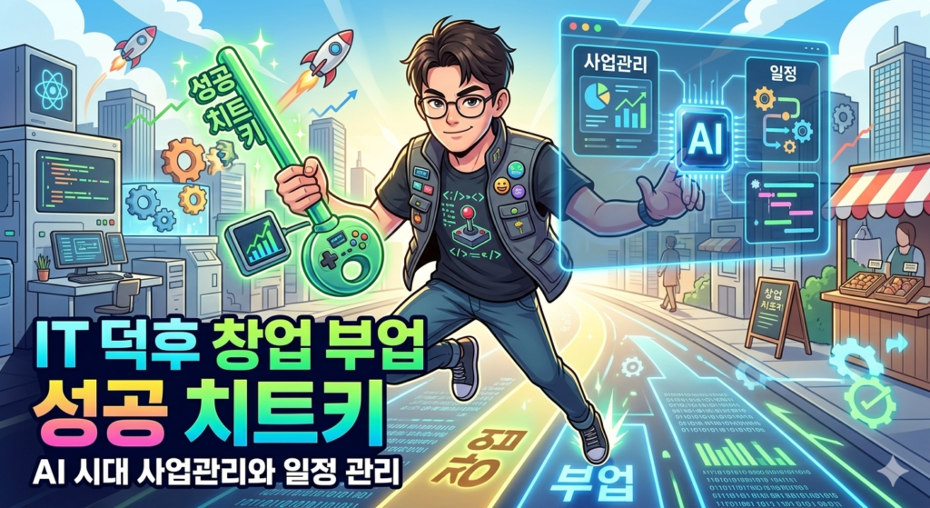 "IT 덕후 스타일의 남성이 '성공 치트키'라고 적힌 거대한 열쇠를 들고 AI 홀로그램 창을 조작하며 디지털 도시 위를 달리는 모습. 이미지 하단에는 'IT 덕후 창업 부업 성공 치트키: AI 시대 사업관리와 일정 관리'라는 문구가 포함되어 있음."