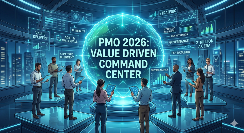 미래지향적인 도시 야경이 내려다보이는 고층 빌딩 내부의 하이테크 커맨드 센터 전경입니다. 중앙에는 거대한 푸른 빛의 격자형 홀로그램 구체가 떠 있으며, 그 안에 **"PMO 2026: VALUE DRIVEN COMMAND CENTER"**라는 문구가 선명하게 적혀 있습니다.