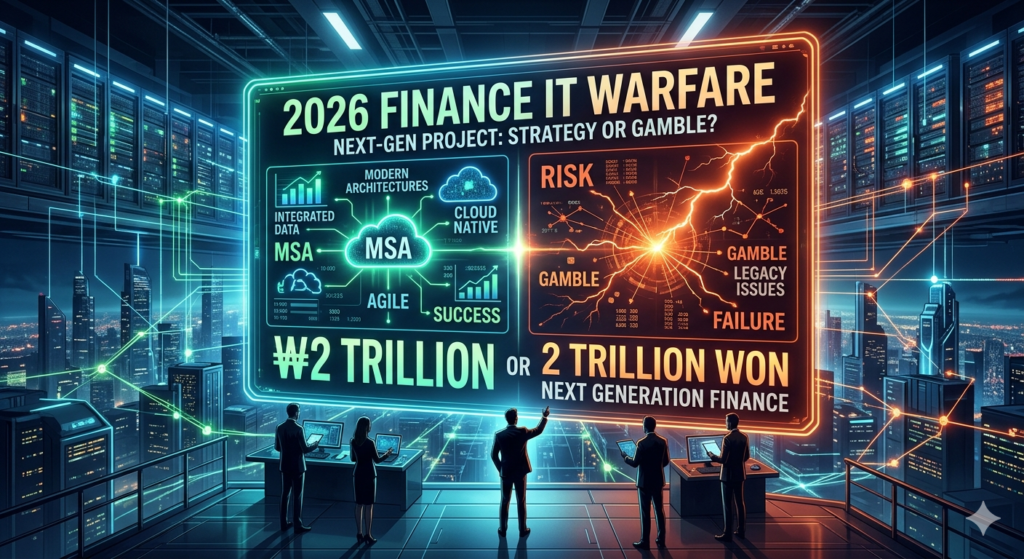 미래지향적인 도시 야경을 배경으로 한 고층 데이터 센터 전망대에서, 한 팀의 전문가들이 대형 홀로그램 스크린을 분석하고 있습니다. 중앙의 대형 스크린은 반으로 나뉘어 있으며, 상단에 bold체 영어로 "2026 FINANCE IT WARFARE" (2026 금융 IT 전쟁)라는 제목과 그 아래 "NEXT-GEN PROJECT: STRATEGY OR GAMBLE?" (차세대 프로젝트: 전략인가 도박인가?)라는 부제목이 있습니다. 스크린의 왼쪽 (성공 측, 초록색 빛)은 "SUCCESS" (성공) 아래에 클라우드 아키텍처, 네트워크 연결 그래프, 상승하는 막대그래프 이미지와 함께 "MSA", "CLOUD NATIVE", "AGILE", "INTEGRATED DATA" (통합 데이터), "MODERN ARCHITECTURES" (현대적 아키텍처) 등의 텍스트가 있습니다. 오른쪽 (실패 측, 주황색/빨간색 빛)은 "FAILURE" (실패) 아래에 부서진 네트워크, 스파크, 하락하는 데이터 그래프 이미지와 함께 "RISK" (위험), "GAMBLE" (도박), "LEGACY ISSUES" (레거시 문제) 등의 텍스트가 있습니다. 스크린 하단에는 bold체로 "₩2 TRILLION OR 2 TRILLION WON" (2조 원)과 "NEXT GENERATION FINANCE" (차세대 금융)라는 텍스트가 있습니다. 스크린 앞에는 5명의 정장을 입은 사람들이 서서 각자의 태블릿과 노트북으로 데이터를 분석하고 있으며, 전체적인 분위기는 긴장감과 전략적 중요성을 전달합니다.