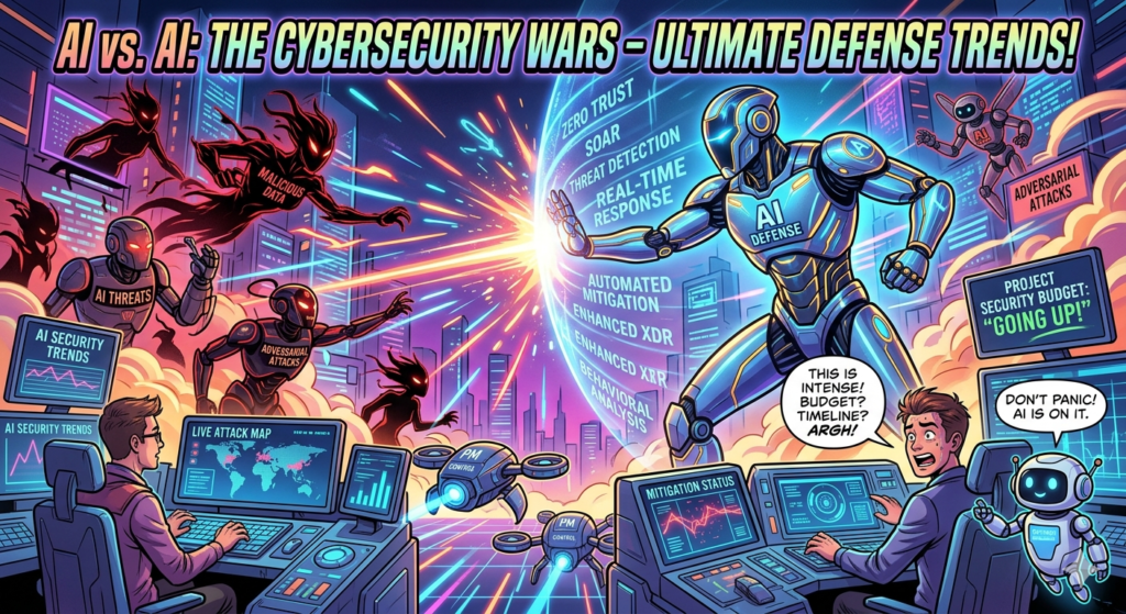 **"AI vs AI: 사이버 보안 전쟁 - 최신 방어 트렌드"**라는 제목의 다이나믹한 코믹북 스타일 일러스트입니다. 빛나는 파란색 'AI DEFENSE' 로봇이 '악성 데이터(MALICIOUS DATA)'와 '적대적 공격(ADVERSARIAL ATTACKS)' 등의 위협에 맞서 싸우고 있습니다. 하단에는 두 명의 운영자가 콘솔에서 작업 중이며, 한 명은 예산과 일정 문제로 당황하고 있고, 작은 도우미 로봇이 "당황하지 마세요! AI가 처리 중입니다"라고 안심시키는 모습입니다. 화면에는 제로 트러스트(ZERO TRUST)와 강화된 XDR 등의 용어가 나열되어 있습니다.