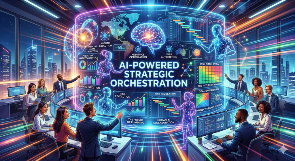 미래지향적인 비즈니스 제어 센터에서 다양한 팀원들이 AI 에이전트와 대형 홀로그램 디스플레이를 활용해 전략적 기획을 협업하는 모습. 중앙 홀로그램에는 'AI-POWERED STRATEGIC ORCHESTRATION'이라는 문구와 글로벌 데이터 시각화가 보입니다.