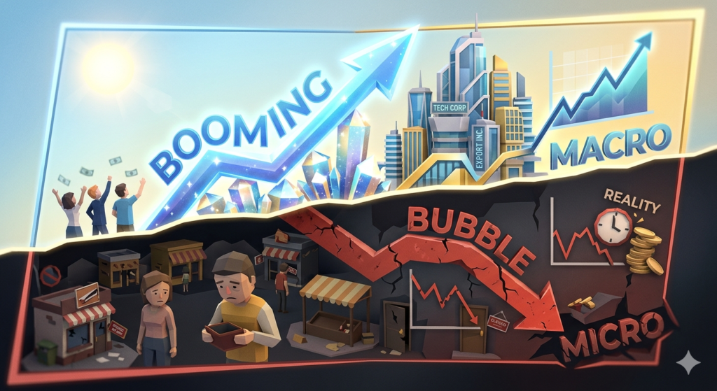 대각선으로 분할된 화면 상단에는 'BOOMING', 'MACRO' 문구와 함께 상승하는 푸른색 화살표, 빛나는 고층 빌딩, 환호하는 사람들이 밝고 희망차게 묘사되어 있습니다. 반면, 하단에는 'BUBBLE', 'MICRO', 'REALITY' 문구와 함께 하락하는 붉은색 화살표, 텅 빈 지갑을 든 침울한 표정의 사람들, 문을 닫은 상점들이 어둡고 대조적인 분위기로 그려져 있습니다.