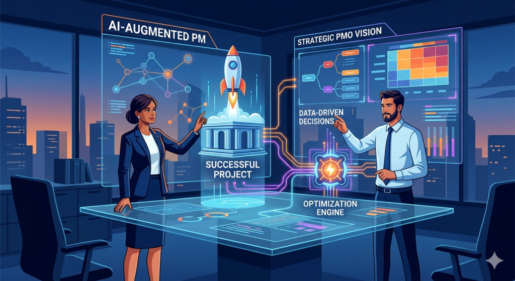 현대적인 미래형 사무실에서 두 명의 전문가가 'AI-AUGMENTED PM'과 'STRATEGIC PMO VISION'이라고 적힌 홀로그램 데이터를 조작하며 협업하는 디지털 일러스트레이션. 중앙에는 프로젝트 성공을 상징하는 로켓이 솟구치는 모습이 포함됨.