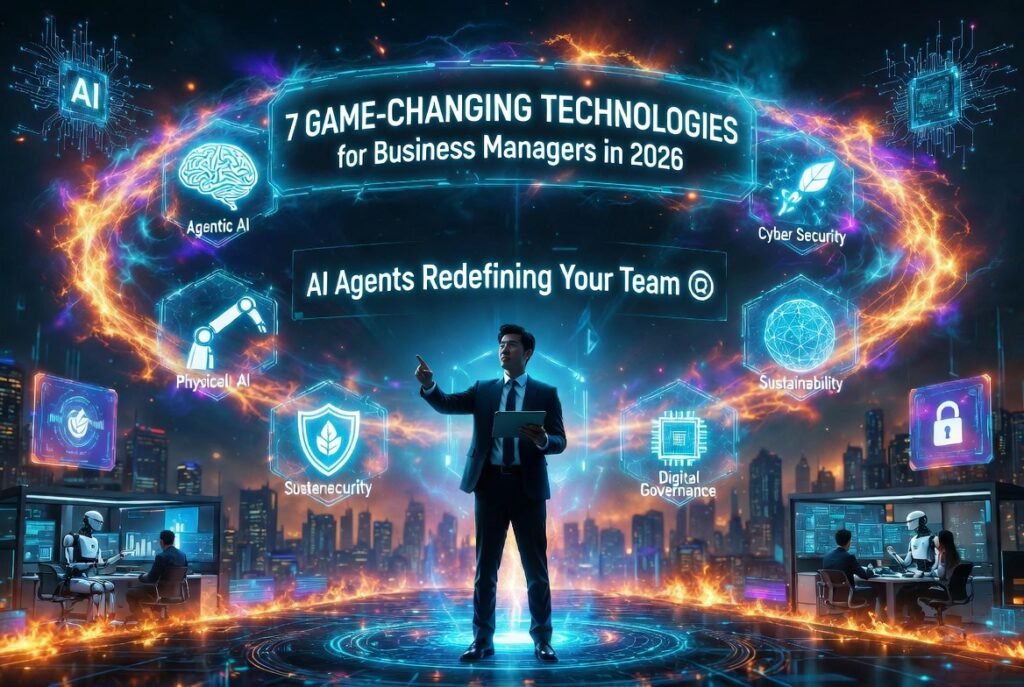 026년 사업관리자를 위한 7가지 게임체인저 기술을 보여주는 미래지향적 이미지. AI 에이전트가 팀을 재정의하는 홀로그램 대시보드와 비즈니스 리더가 자신감 있게 서 있다.
