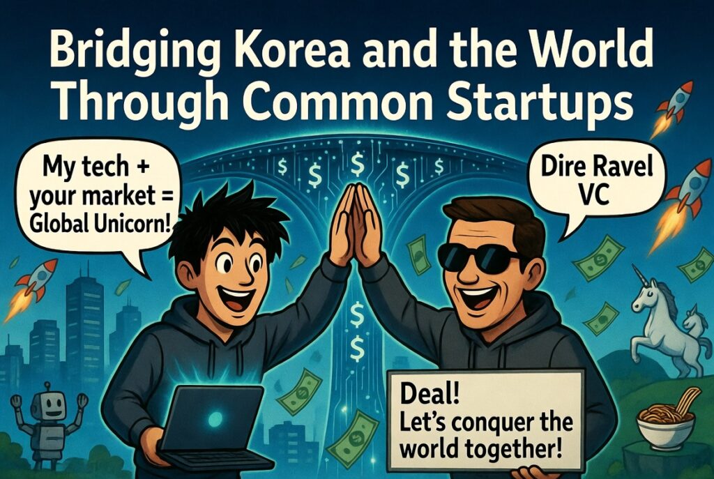 한국 스타트업 창업자와 실리콘밸리 투자자가 환하게 웃으며 하이파이브하는 만화 스타일 일러스트. 배경에 달러와 유니콘, 로켓이 날아다니며 “Bridging Korea and the World Through Common Startups”라는 영어 문구가 크게 보입니다.
