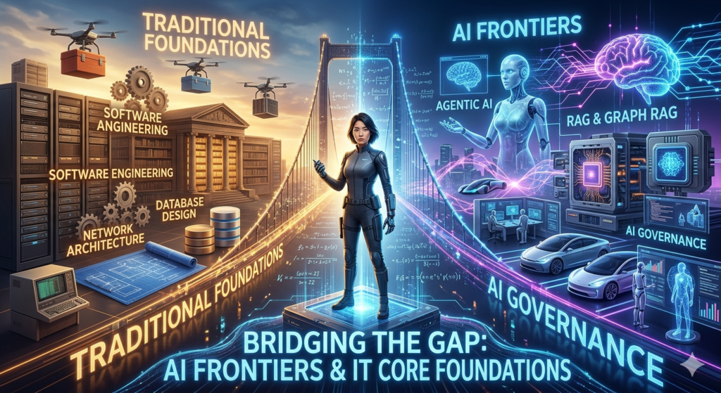 미래지향적인 컨셉의 디지털 아트로, 왼쪽에는 'TRADITIONAL FOUNDATIONS'라는 텍스트 아래 서버 랙, 건축물, 'SOFTWARE ENGINEERING', 'DATABASE DESIGN', 'NETWORK ARCHITECTURE' 텍스트가 있는 전통적인 IT 인프라가 배치되어 있습니다. 오른쪽에는 'AI FRONTIERS'라는 텍스트 아래 안드로이드, 'AGENTIC AI', 'RAG & GRAPH RAG', 'AI GOVERNANCE' 텍스트가 있는 미래형 AI 기술 요소들이 배치되어 있습니다. 중앙에 서 있는 여성이 거대한 다리와 함께 두 세계를 연결하며, 발판에는 'BRIDGING THE GAP: AI FRONTIERS & IT CORE FOUNDATIONS'라는 텍스트가 새겨져 있습니다.