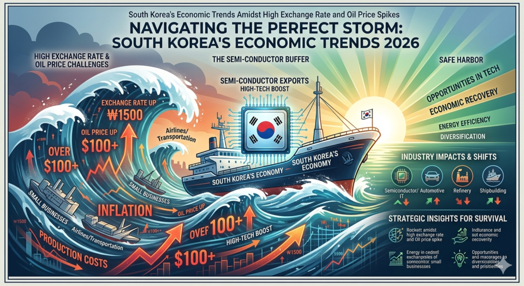 2026년 한국 경제 트렌드를 시각화한 전문적인 경제 인포그래픽. 거대한 경제적 폭풍(고환율, 고유가, 인플레이션)에 맞서는 'SOUTH KOREA'S ECONOMY'라는 선박을 중심으로 구성되었습니다. 선박 중앙의 태극기가 새겨진 마이크로칩("THE SEMI-CONDUCTOR BUFFER")이 핵심 버퍼 역할을 하며, 오른쪽의 밝게 빛나는 'SAFE HARBOR' 방향으로 항해하고 있습니다. 왼쪽 파도에는 환율 ₩1500, 유가 $100+, 인플레이션 등의 위협 요소와 피해를 입는 중소기업, 항공/운송 선박들이 보이며, 오른쪽 항구 방향에는 기술 기회, 경제 회복, 에너지 효율 등의 긍정적인 메시지가 적혀 있습니다. 하단에는 산업별 영향 분석과 생존을 위한 전략적 통찰력이 아이콘과 함께 설명되어 있습니다.