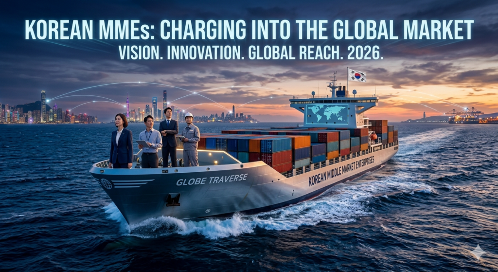 "석양을 배경으로 항해하는 대형 컨테이너선과 그 위에 서 있는 4명의 한국 비즈니스 전문가들. 배에는 'KOREAN MIDDLE MARKET ENTERPRISES'라고 적혀 있으며, 상단에는 글로벌 시장 진출을 의미하는 영어 텍스트가 떠 있다."