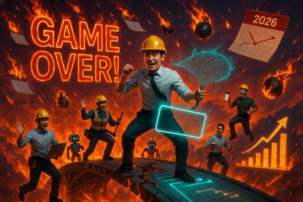 “프로젝트 현장에서 인력이 떠나는 순간 게임 오버! 2026 인재 대란 속 PM이 ‘인력관리’ 네트로 팀원을 구하는 드라마틱 일러스트레이션”