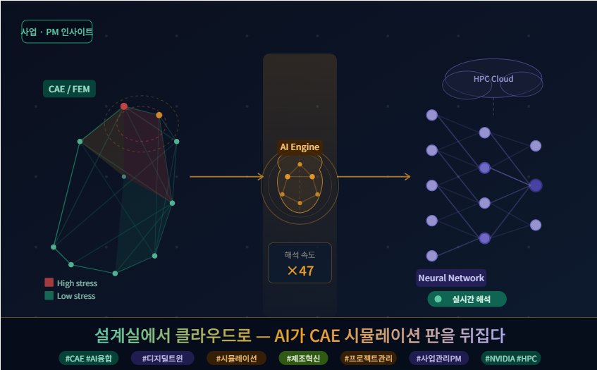 AI와 CAE 기반 시뮬레이션 플랫폼 개발 개념도. 왼쪽의 전통 FEM 메시 구조에서 중앙의 AI 엔진을 거쳐 오른쪽 신경망·클라우드 플랫폼으로 변환되는 흐름을 시각화했다.