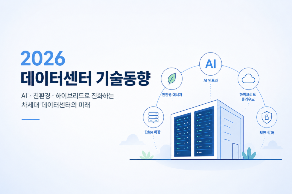 AI 인프라와 친환경 기술이 적용된 미래형 데이터센터 내부를 배경으로 GPU 서버, 액체 냉각, 전력 효율 시스템, Edge 데이터센터, 탄소중립 에너지 기술을 시각적으로 표현한 2026 데이터센터 기술동향 대표 이미지