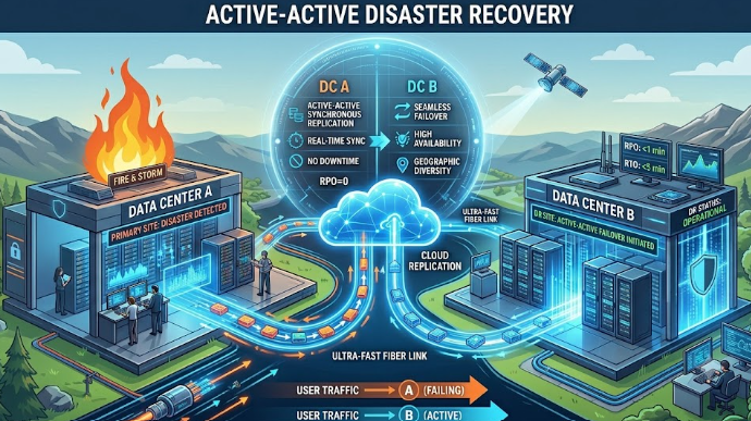 "화재가 발생한 주 데이터센터(Data Center A)에서 지리적으로 분리된 정상 데이터센터(Data Center B)로 사용자 트래픽과 데이터가 실시간으로 끊김 없이 전환(Failover)되는 액티브-액티브(Active-Active) 재해복구(DR) 시스템의 인포그래픽 구조도."