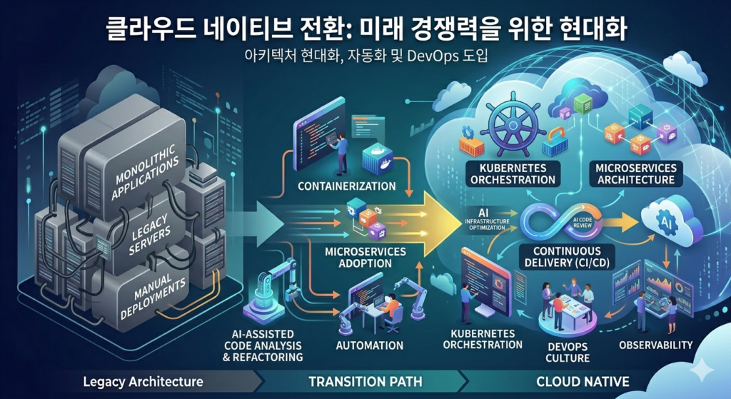 레거시 아키텍처에서 클라우드 네이티브 환경으로 전환되는 과정을 보여주는 상세한 인포그래픽. 왼쪽의 무거운 모놀리식 서버에서 중앙의 컨테이너화 및 자동화 단계를 거쳐, 오른쪽의 쿠버네티스, 마이크로서비스, CI/CD 파이프라인, DevOps 문화, 관측 가능성이 구현된 현대적인 클라우드 생태계로 이어지는 흐름을 시각화함.