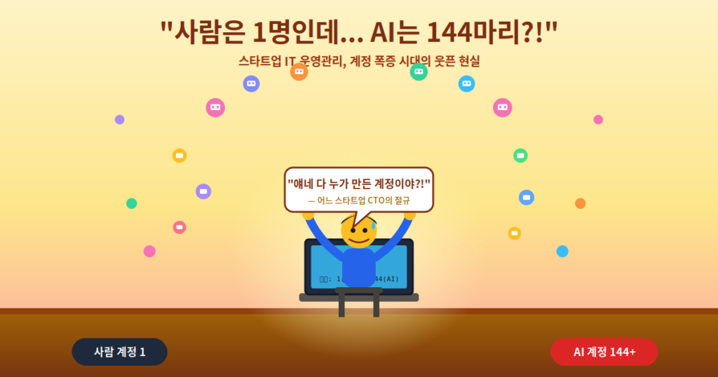 스타트업 CTO가 노트북 앞에서 양손을 들고 놀란 표정을 짓고 있고, 주변을 형형색색의 작은 AI 로봇 아이콘 144마리가 둘러싼 일러스트. "사람은 1명인데 AI는 144마리?!" 문구와 함께 사람 계정 1개, AI 계정 144개 이상을 비교하는 배지가 하단에 표시됨
